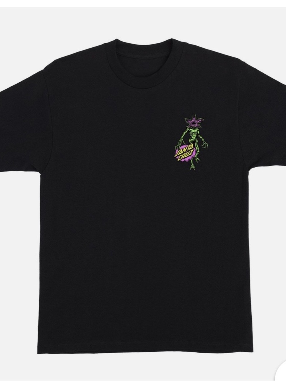 Santa Cruz Black Tee with Neon Green Pink “Stranger Things” Graphic
